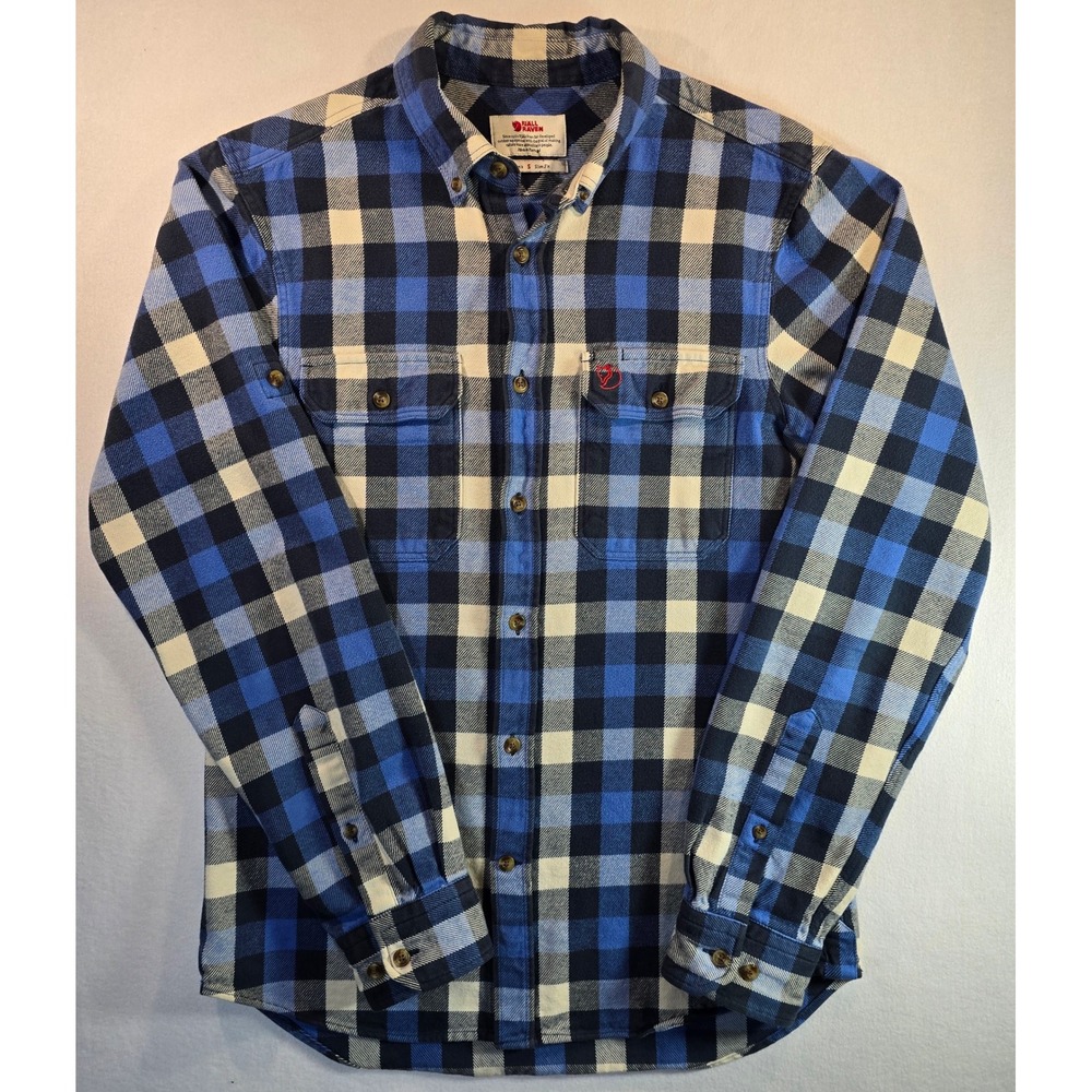 Fjallraven Skog Flannel Shirt Mens Small Slim Fit Blue Plaid Button Up